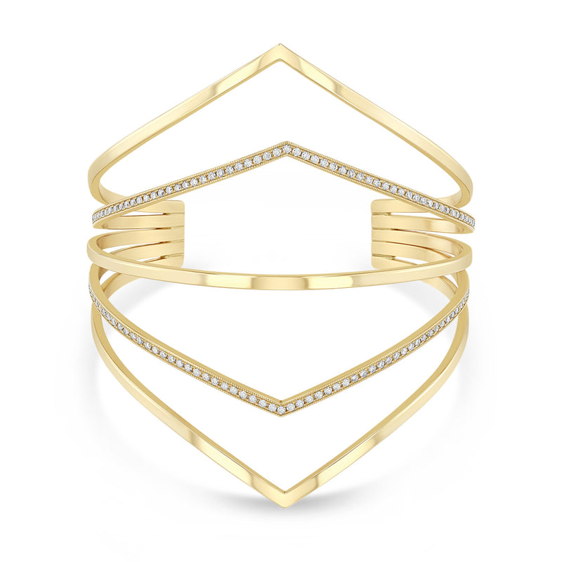 Zoe Chicco 14k gold geometric bar cuff with small diamonds on a white background