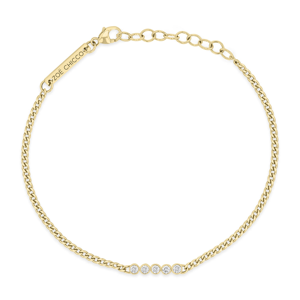 Zoë Chicco 14k Gold 5 Diamond Bezel Bar XS Curb Chain Bracelet – ZOË CHICCO