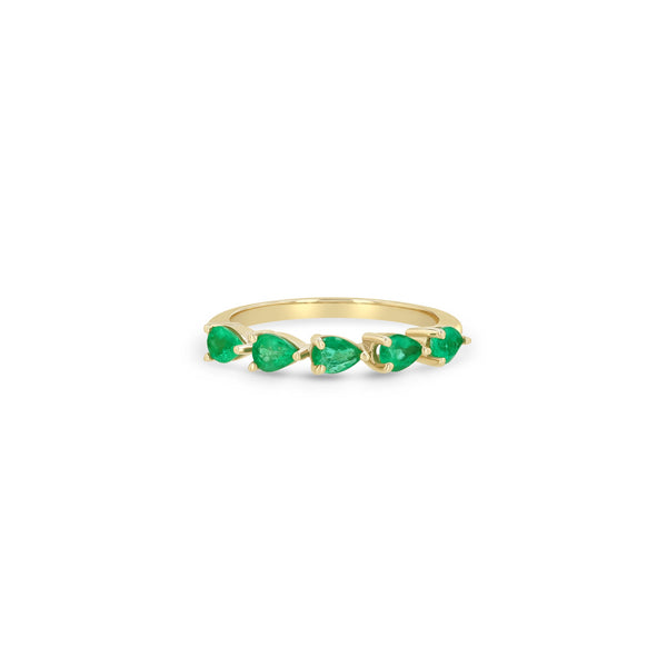 Zoe Chicco 14k gold ring with five green pear-shaped emeralds on a white background
