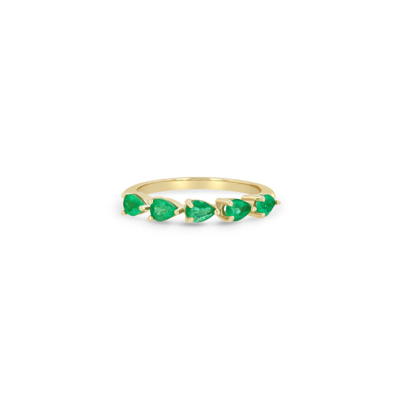 Zoe Chicco 14k gold ring with five green pear-shaped emeralds on a white background