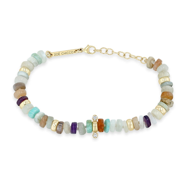 Zoë Chicco 14k Gold & Mixed Neutral Gemstone Rondelle Bead Bracelet with 2 Prong Diamonds