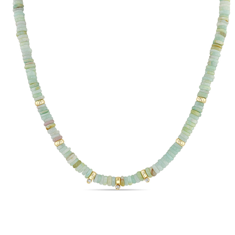 Zoë Chicco 14k Gold & Mixed Light Blue Opal Rondelle Bead Necklace with 3 Prong Diamonds