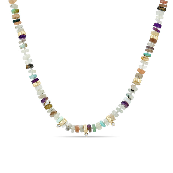 Zoë Chicco 14k Gold Mixed Neutral Gemstone Rondelle Bead Necklace with 3 Prong Diamonds