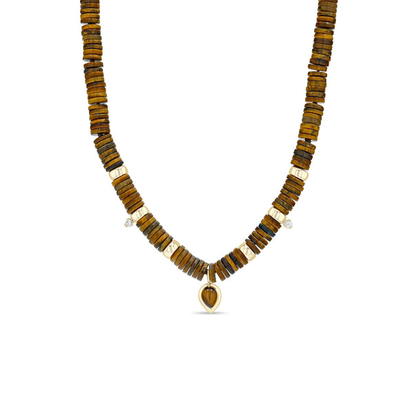 Zoe Chicco 14k Pear Tiger Eye Pendant Heishi Bead Necklace with 2 Prong Diamonds