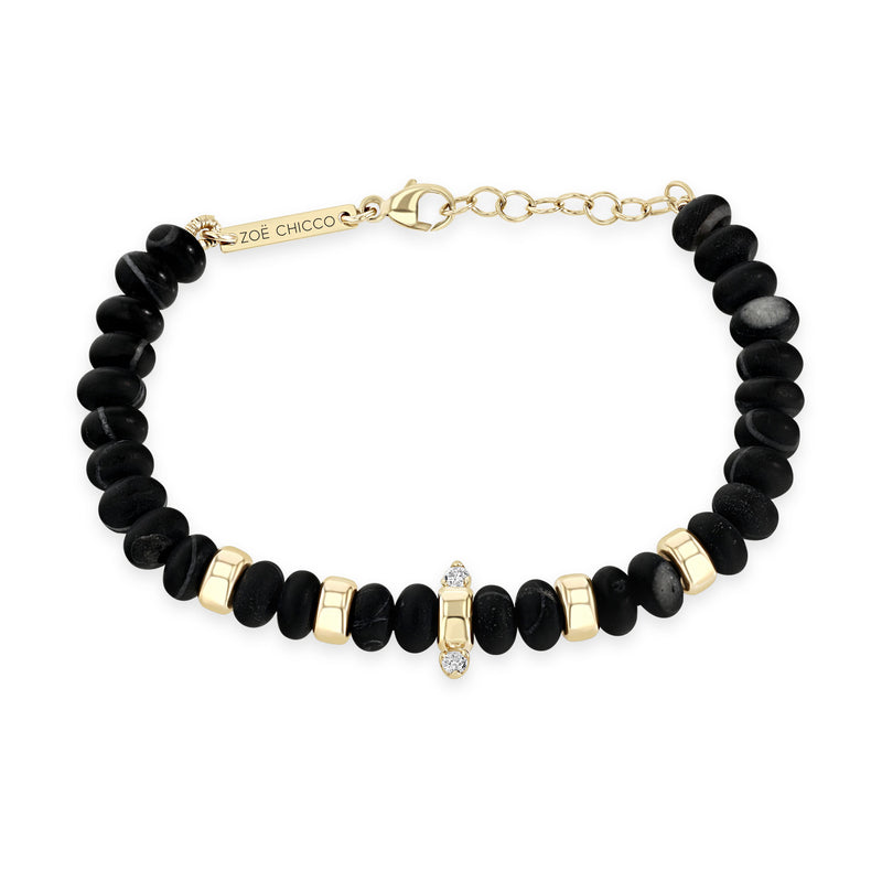 Zoë Chicco 14k Gold & Matte Black Agate Rondelle Bead Bracelet with 2 Prong Diamonds