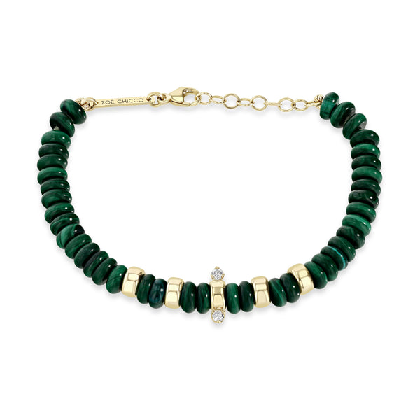 Zoë Chicco 14k Gold & Malachite Rondelle Bead Bracelet with 2 Prong Diamonds