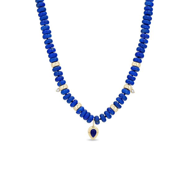 Zoe Chicco 14k Pear Lapis Pendant Rondelle Bead Necklace with 2 Prong Diamonds