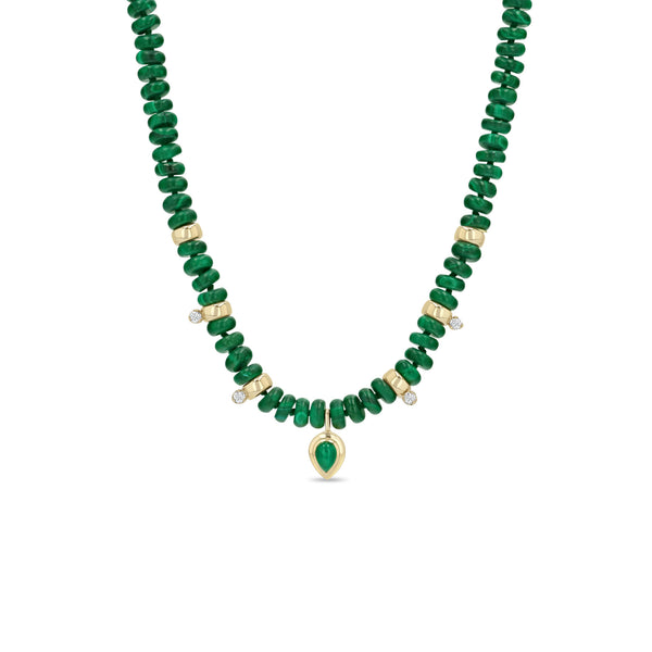 Zoe Chicco 14k Pear Malachite Pendant Rondelle Bead Necklace with 4 Prong Diamonds