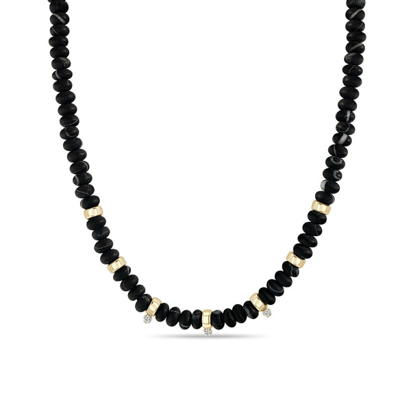 Zoë Chicco 14k Gold & Matte Black Agate Rondelle Bead Necklace with 3 Prong Diamonds