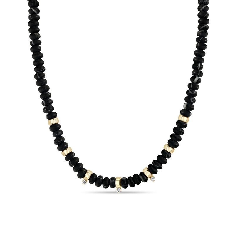 Zoë Chicco 14k Gold & Matte Black Agate Rondelle Bead Necklace with 3 Prong Diamonds