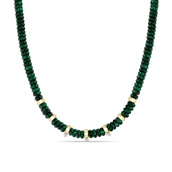 Zoë Chicco 14k Gold & Malachite Rondelle Bead Necklace with 3 Prong Diamonds