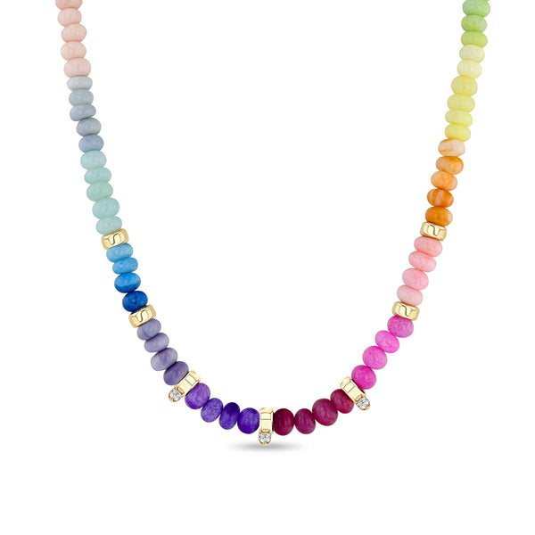 Zoë Chicco 14k Gold & Rainbow Opal Rondelle Bead Necklace with 3 Prong Diamonds