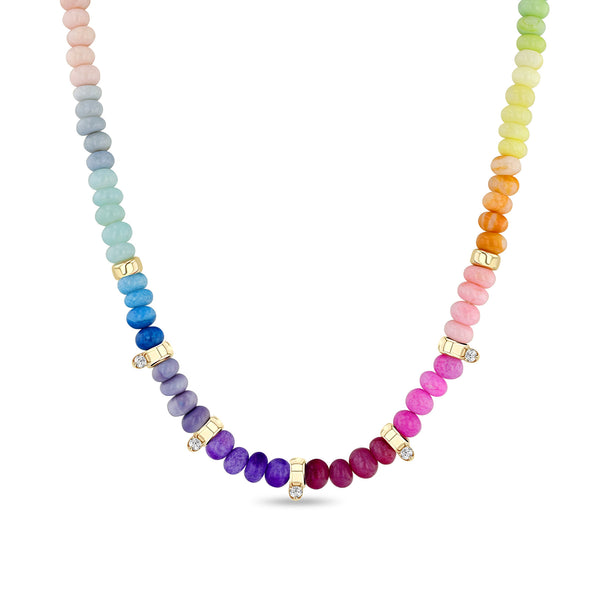Zoë Chicco 14k Gold & Rainbow Opal Rondelle Bead Necklace with 5 Prong Diamonds