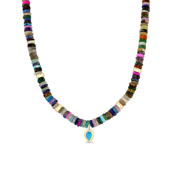 Zoë Chicco 14k Gold Mixed Dark Gemstone Rondelle Bead Necklace with Pear Turquoise Pendant