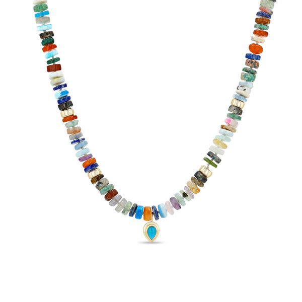 Zoë Chicco 14k Gold Mixed Dark Gemstone Rondelle Bead Necklace with Pear Turquoise Pendant