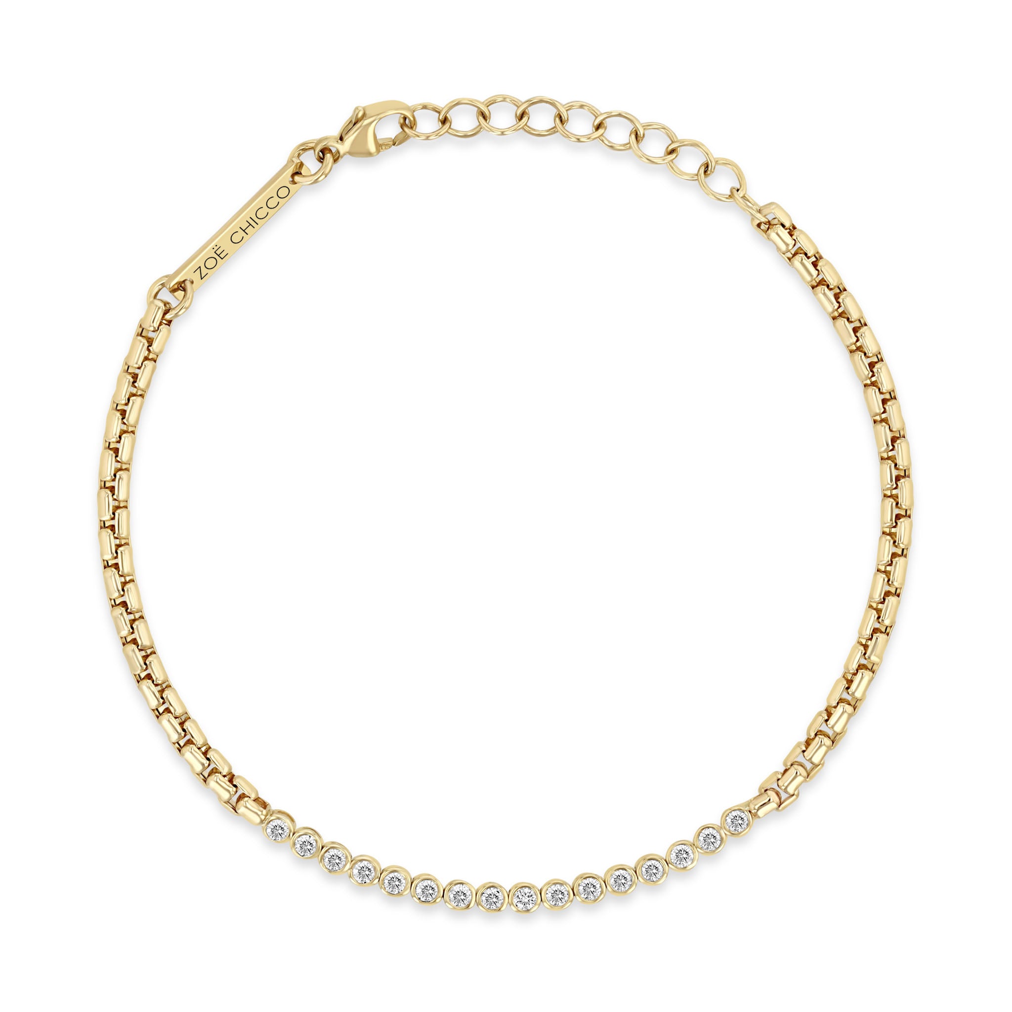 top down view of a Zoë Chicco 14k Gold Small Diamond Bezel Tennis Segment Box Chain Bracelet
