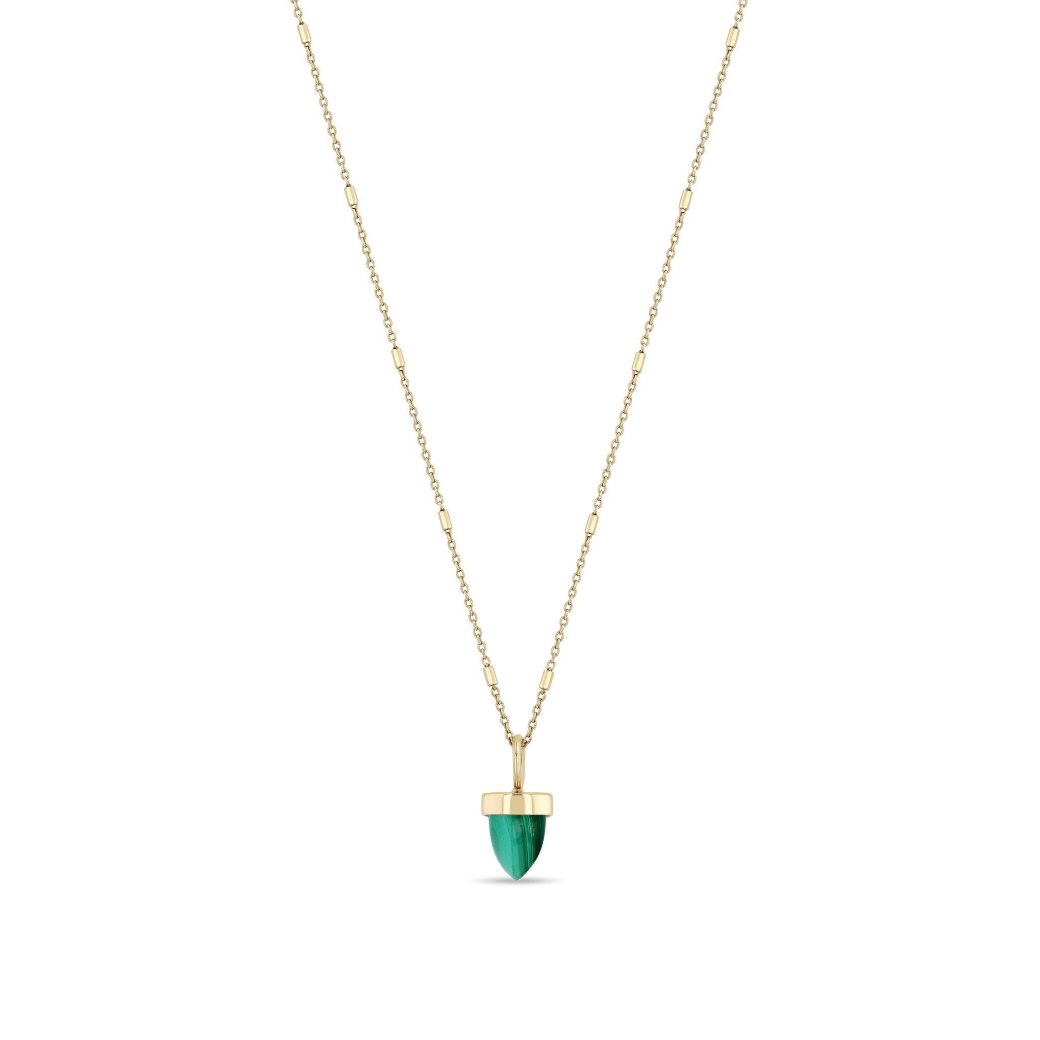 Zoe Chicco 14k gold cable chain necklace with a malachite shaped bullet gemstone on a white background