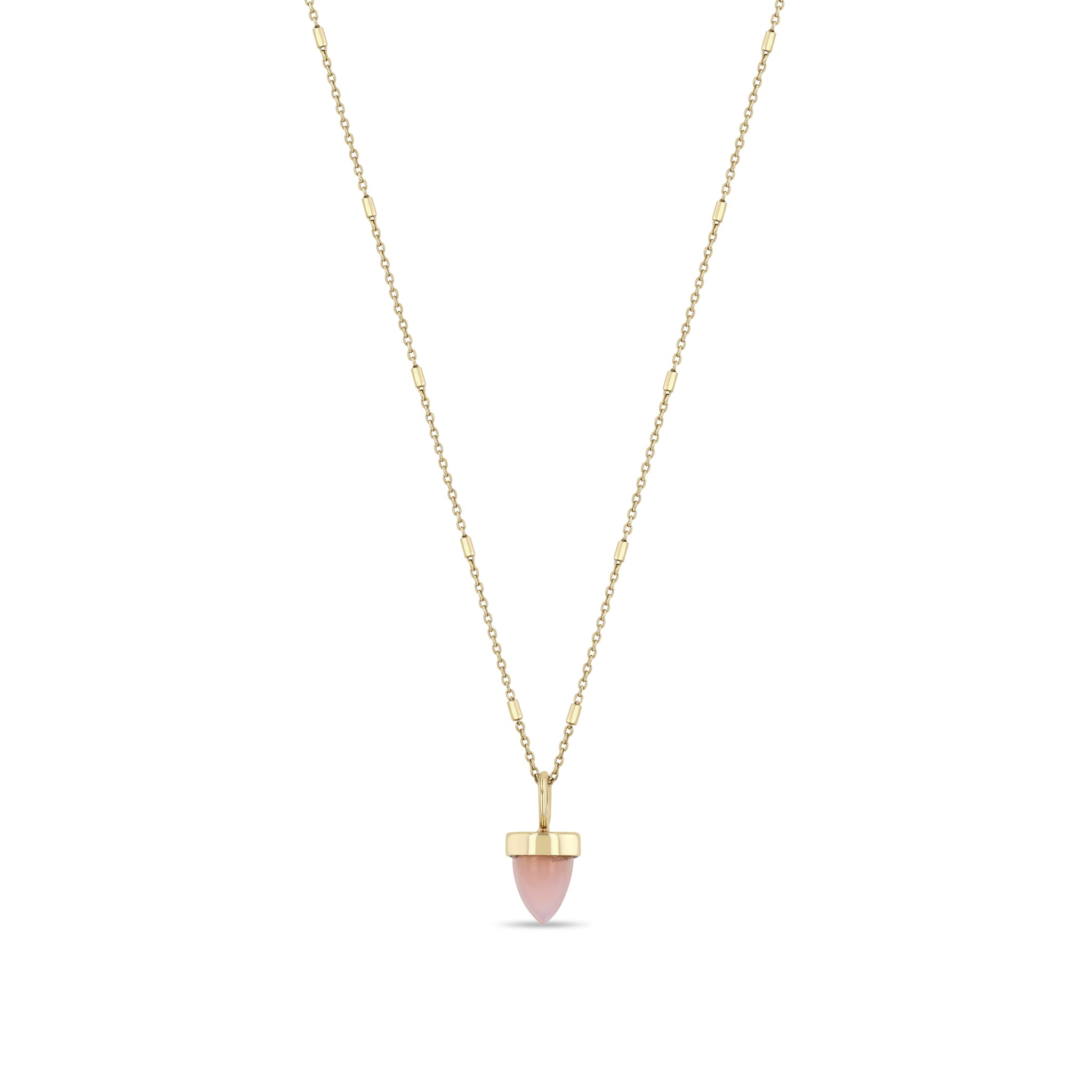 Zoe Chicco 14k gold pink opal bullet-shaped charm necklace on a white background