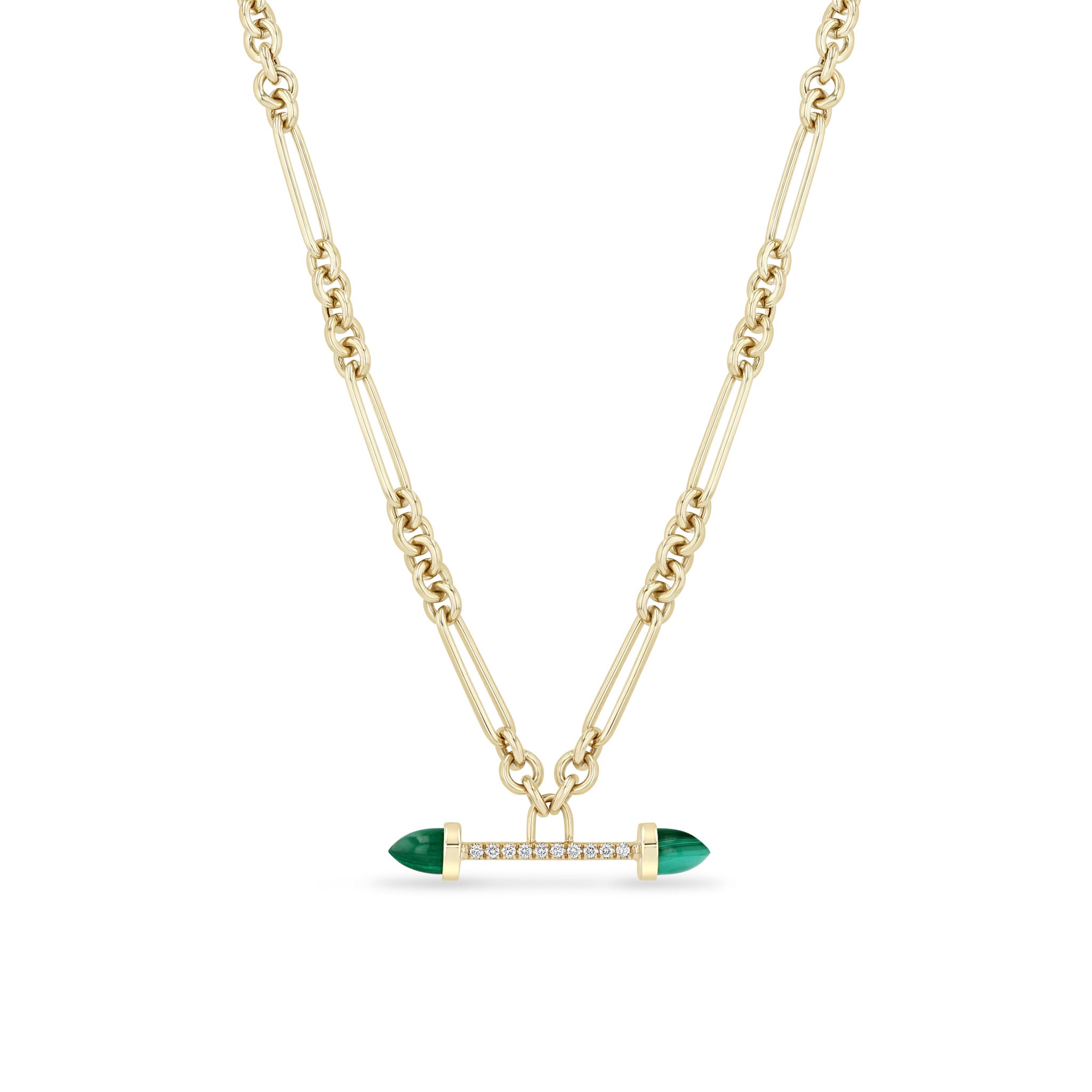 Zoe Chicco 14k Malachite Bullet Faux Toggle Large Mixed Paperclip & Rolo Chain Necklace on a white background
