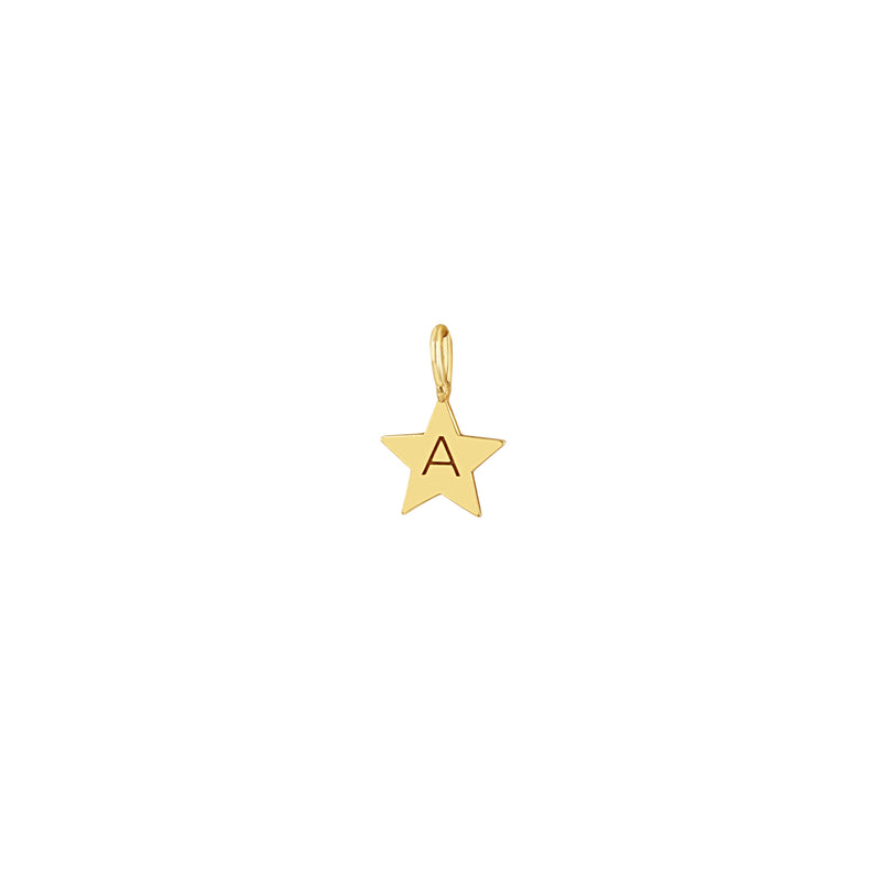 Zoe Chicco 14k gold star-shaped charm pendant with a letter 'A' engraved, on a white background