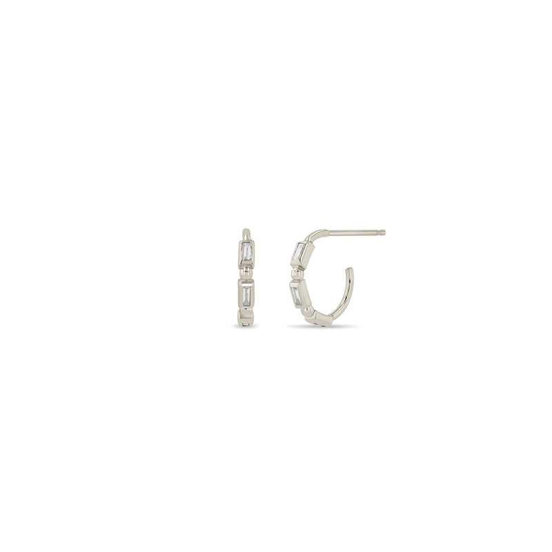 Zoe Chicco 14k white gold baguette diamond and bead small hoop earring on a white background