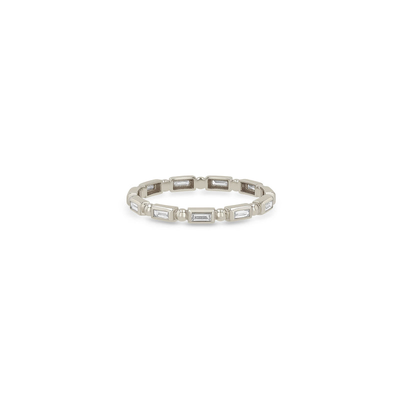 Zoe Chicco 14k white gold ring with baguette-shaped diamonds with alternating beads on a white background