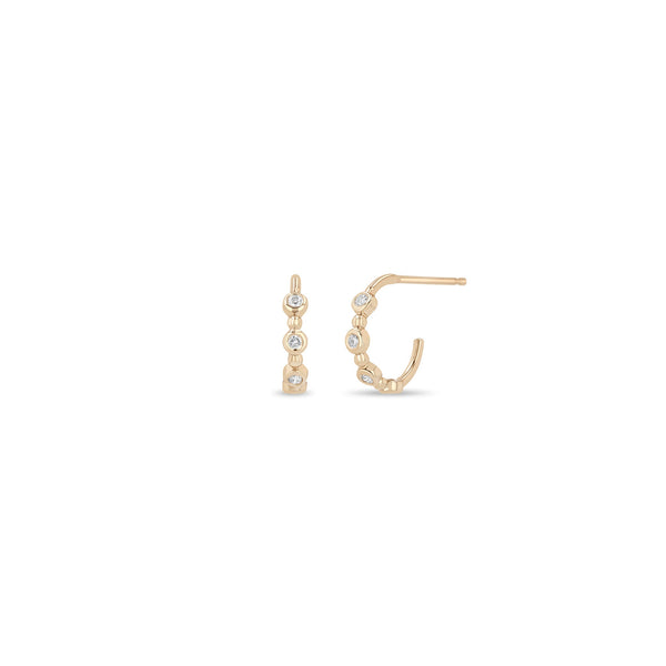 14k Alternating Diamond Bezel & Bead Huggie Hoops