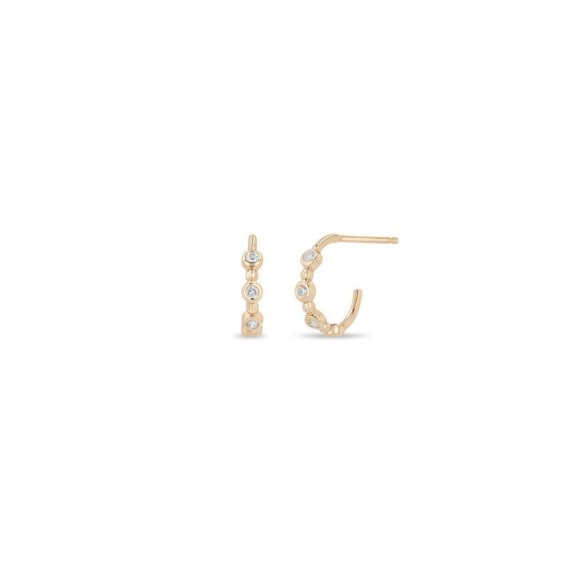 14k Alternating Diamond Bezel & Bead Huggie Hoops