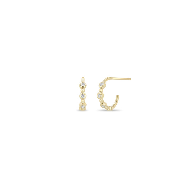 14k Alternating Diamond Bezel & Bead Huggie Hoops