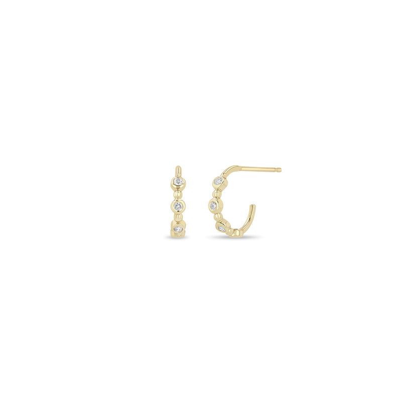 14k Alternating Diamond Bezel & Bead Huggie Hoops
