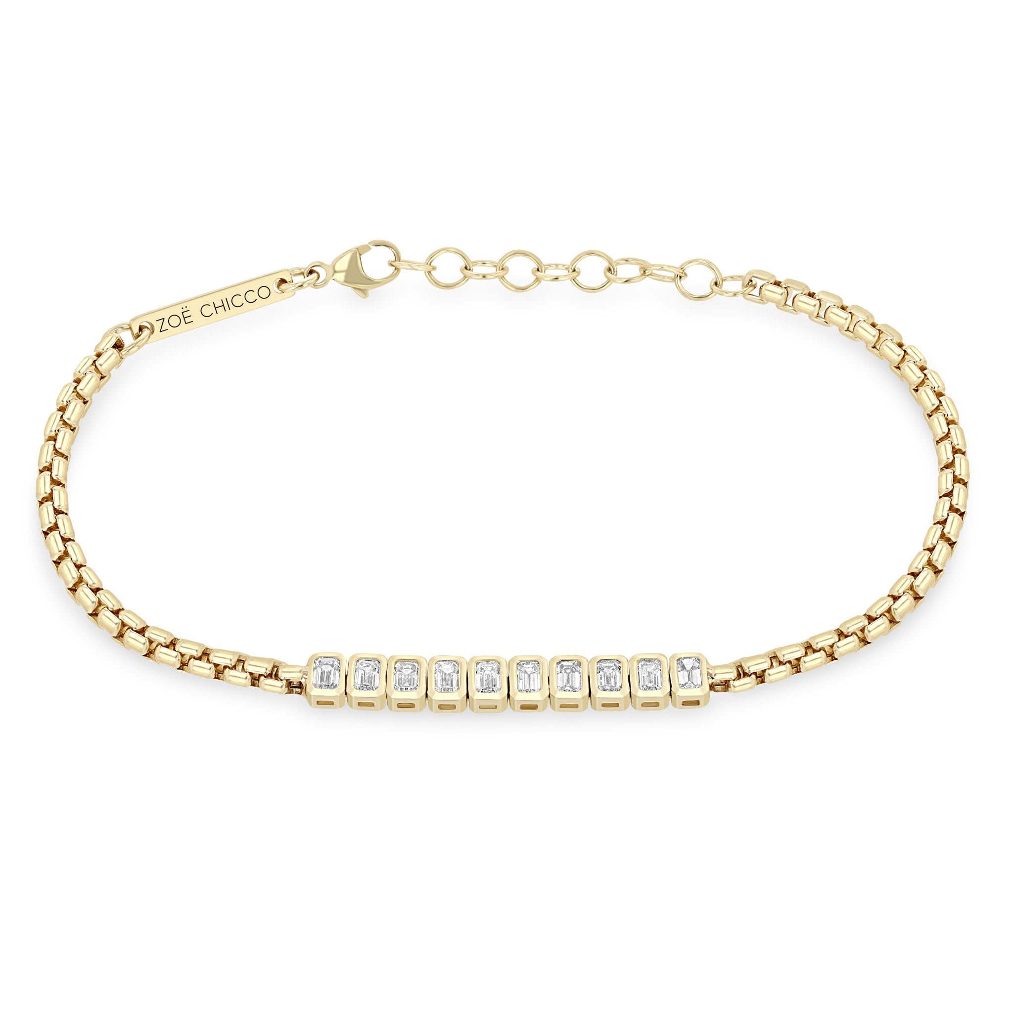 Zoë Chicco 14k Gold Vertical Emerald Cut Diamond Tennis Segment Box Chain Bracelet