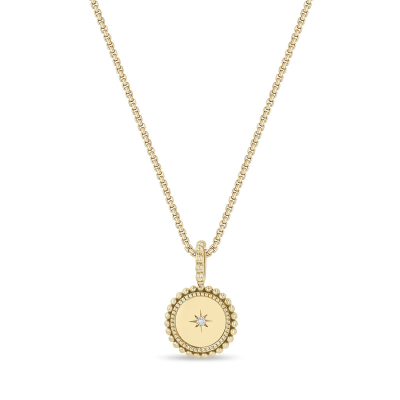 Zoe Chicco 14k gold beaded circular charm pendant necklace on a white background