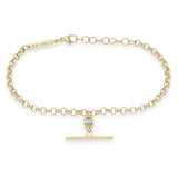 Zoe Chicco 14k gold rolo chain bracelet with an open link drop bar toggle with a single small baguette diamond on a white background