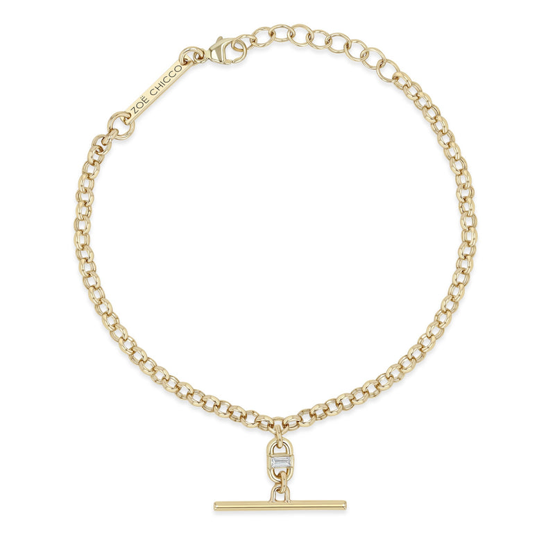 14k Medium Rolo Chain Baguette Diamond Open Link Toggle Bracelet