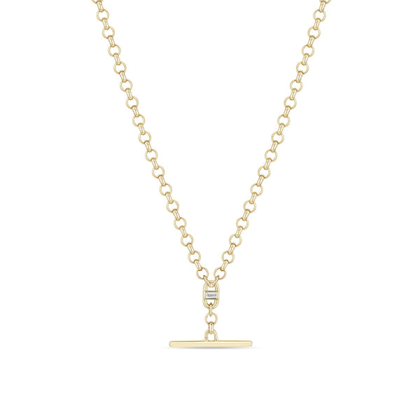 14k Medium Rolo Chain Baguette Diamond Open Link Toggle Lariat Necklace
