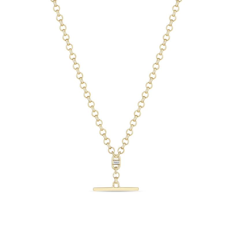 14k Medium Rolo Chain Baguette Diamond Open Link Toggle Lariat Necklace