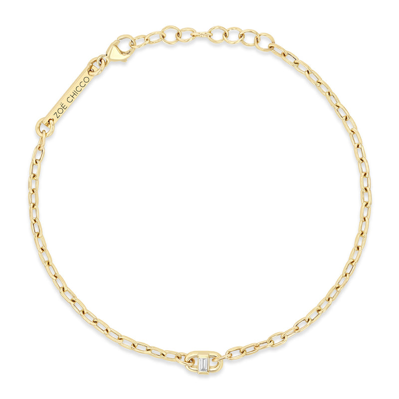 top down view of a Zoë Chicco 14k Gold Baguette Diamond Open Link Square Oval Chain Bracelet