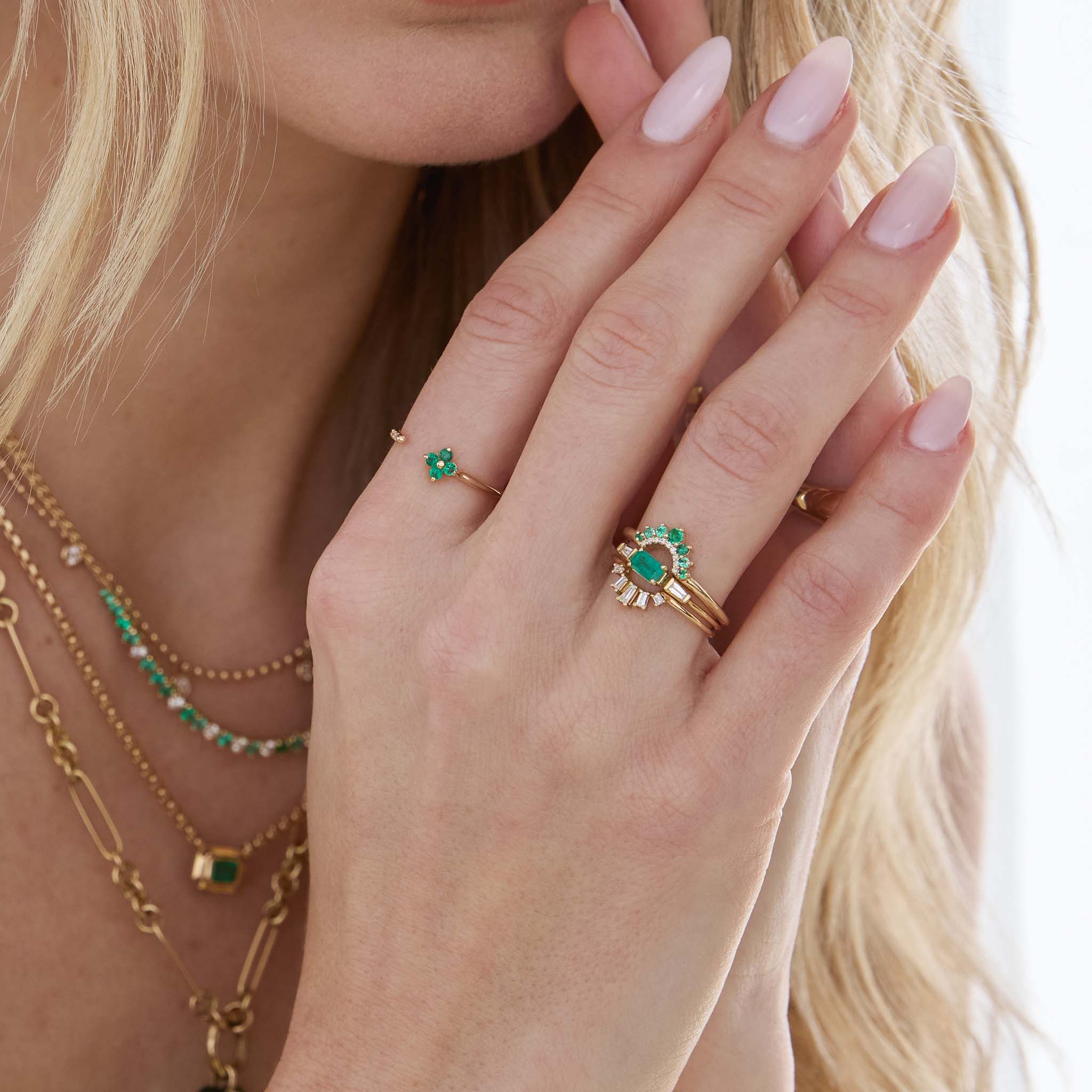 14k Prong Emerald Quad & Pavé Diamond Open Ring