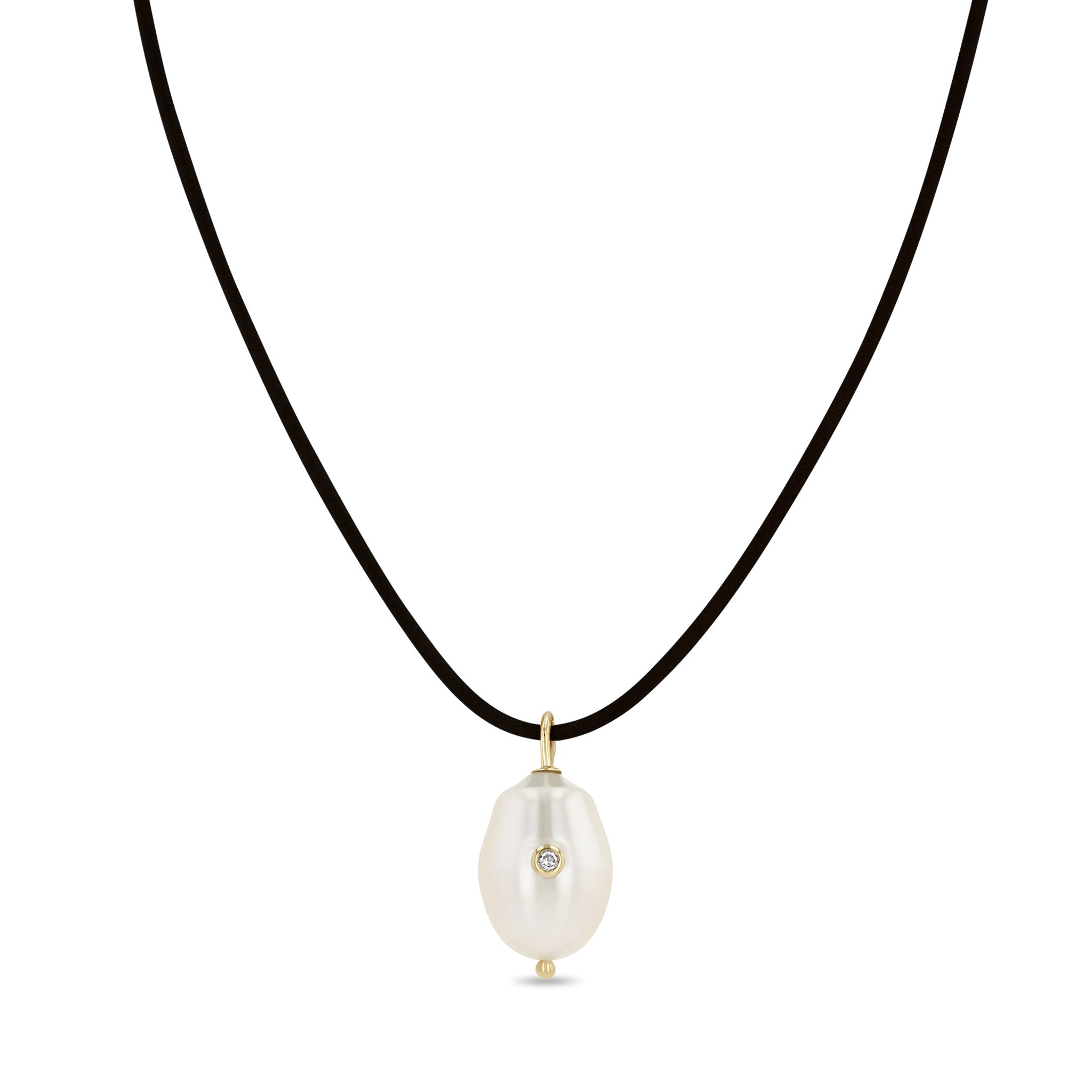 Zoë Chicco 14k Gold Diamond Baroque Pearl Pendant Black Leather Cord Necklace