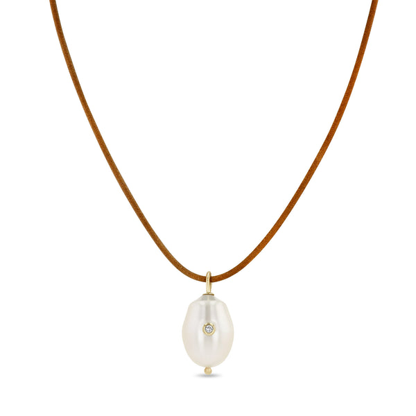 Zoë Chicco 14k Gold Diamond Baroque Pearl Pendant Tan Leather Cord Necklace