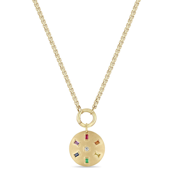 Zoë Chicco 14k Gold Rainbow Baguette & Diamond Brushed Gold Domed Disc Box Chain Enhancer Necklace