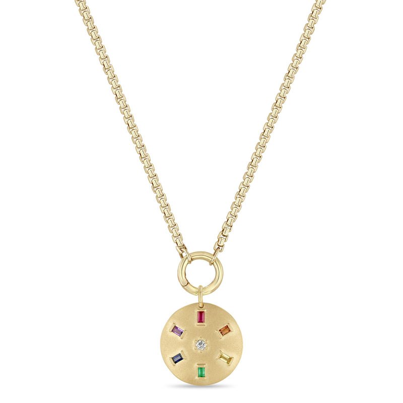 Zoë Chicco 14k Gold Rainbow Baguette & Diamond Brushed Gold Domed Disc Box Chain Enhancer Necklace