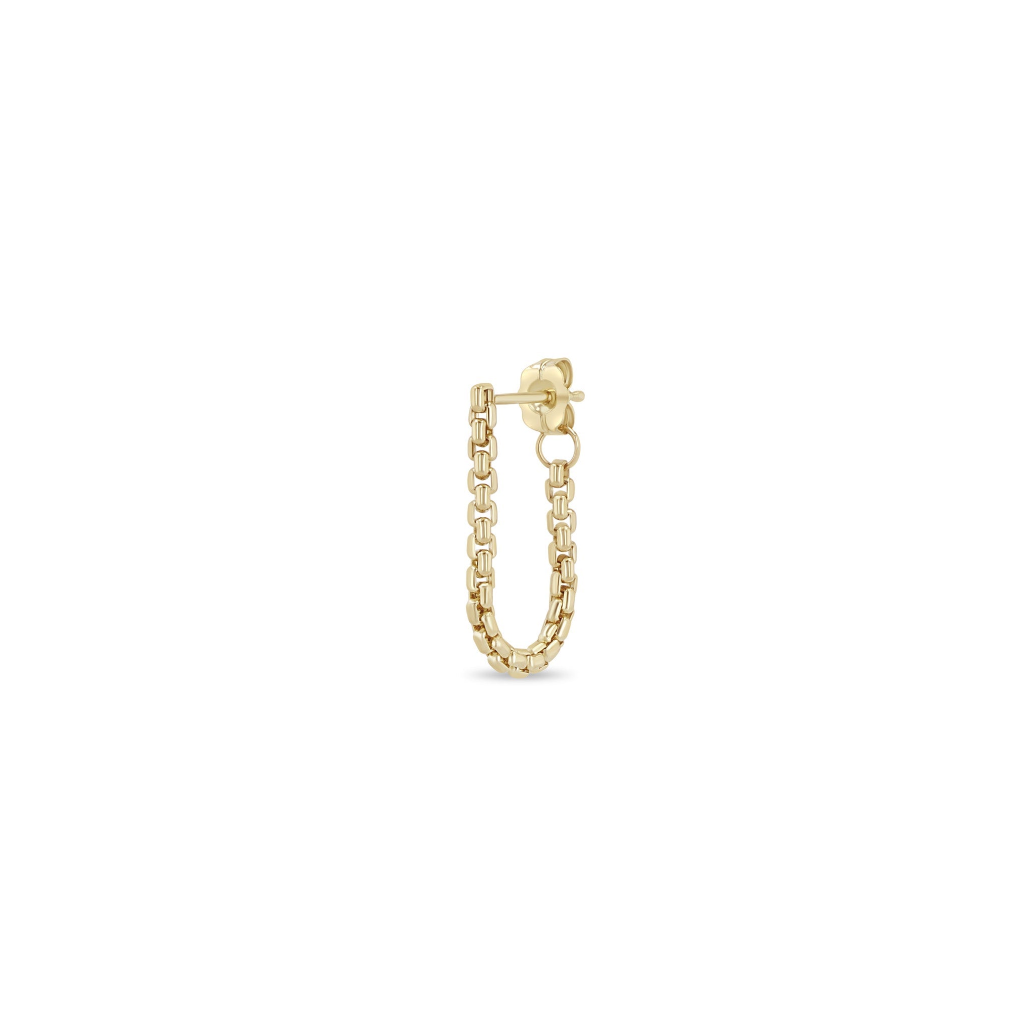 Zoe Chicco 14k gold single chain huggie hoop earring on a white background
