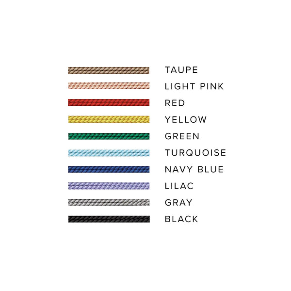 A white background with all colorways of the Zoë Chicco Cord Bracelets listed out