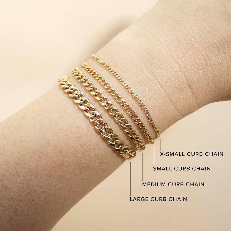 a comparison image of a woman's wrist wearing four different widths of Zoe Chicco 14k gold curb chain bracelets