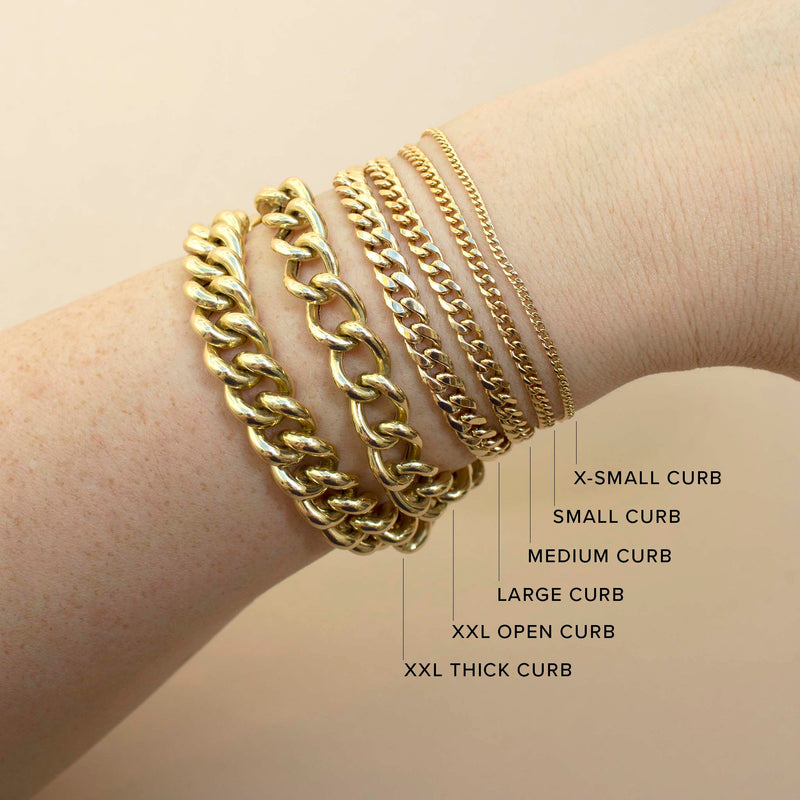 An image of six different widths of Zoë Chicco 14k gold curb chain bracelets stacked together to show a comparison of size