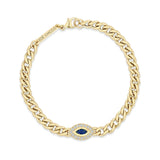 top down view of a Zoë Chicco 14k Gold Medium Curb Chain Marquise Blue Sapphire Halo Bracelet