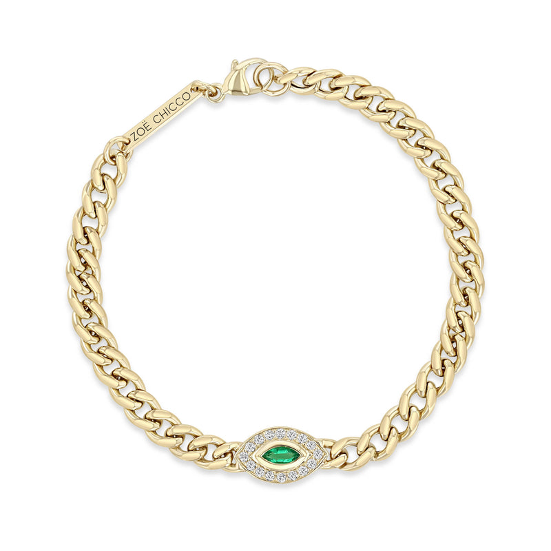 top down view of a Zoë Chicco 14k Gold Medium Curb Chain Marquise Emerald Halo Bracelet