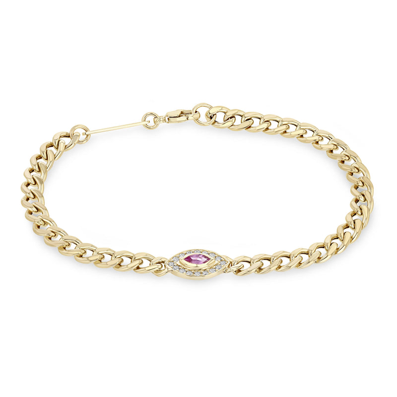 Zoë Chicco 14k Gold Medium Curb Chain Marquise Pink Sapphire Halo Bracelet