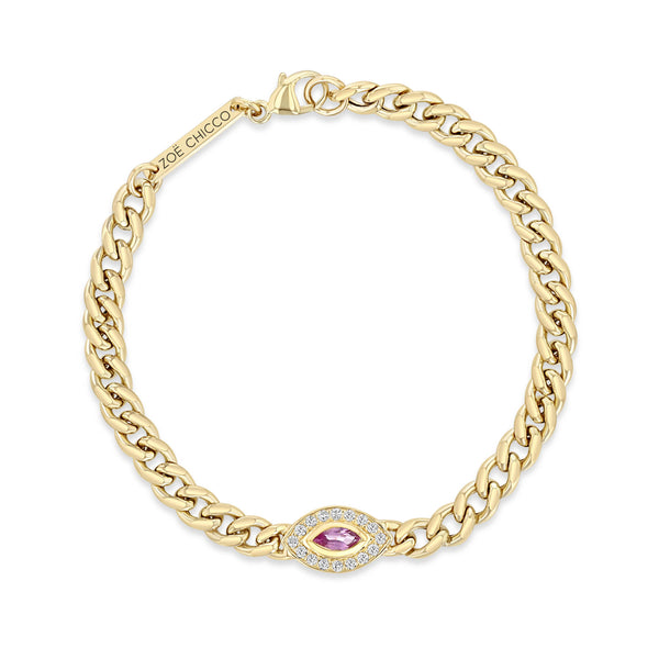 top down view of a Zoë Chicco 14k Gold Medium Curb Chain Marquise Pink Sapphire Halo Bracelet